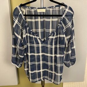 Abercrombie & Fitch Popover‎ Top Blue Plaid Moose Logo Sheer Womens M